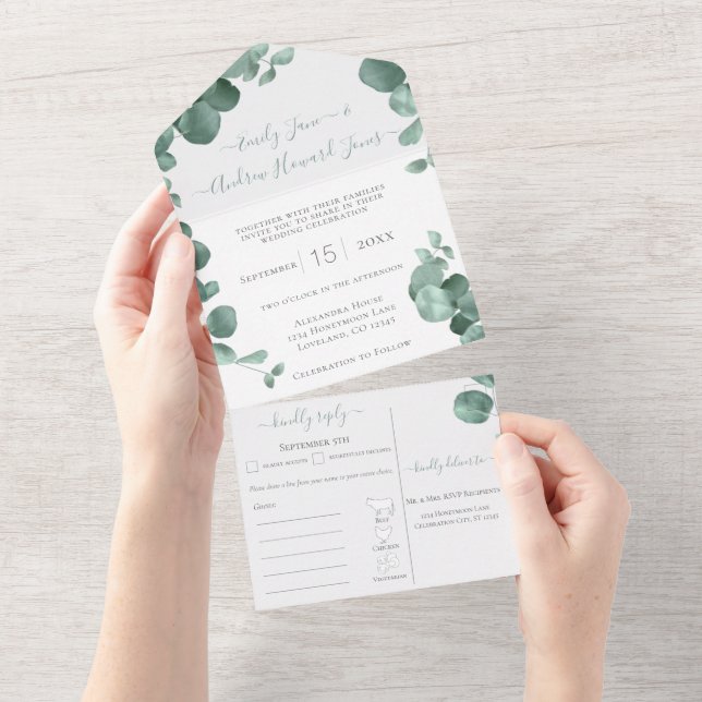 Elegant Gold Frame Eucalyptus Menu Choice Wedding  All In One Invitation (Tearaway)