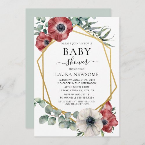 Elegant Gold Frame Floral Eucalyptus Baby Shower Invitation