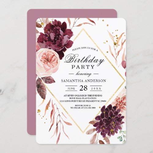 Elegant Gold Frame Floral Red  Pink Invitation