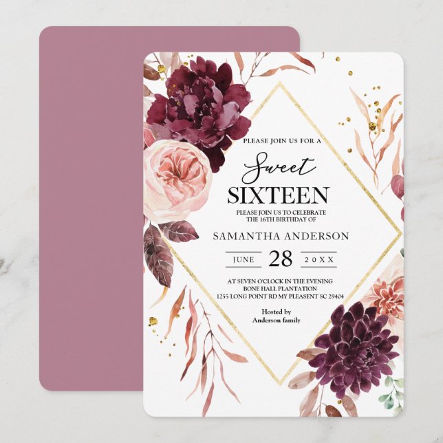 Elegant Gold Frame Floral Red & Pink Invitation (Front/Back)