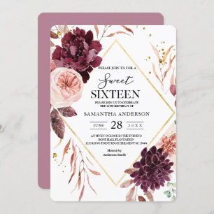 Elegant Gold Frame Floral Red & Pink Invitation