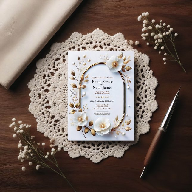 Elegant Gold Frame Floral Wedding Invitation (Creator Uploaded)