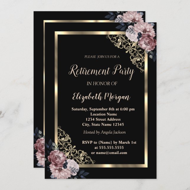 Elegant Gold Frame Flowers Retirement  Invitation (Front/Back)