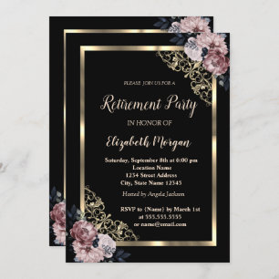 Elegant Gold Frame Flowers Retirement Invitation