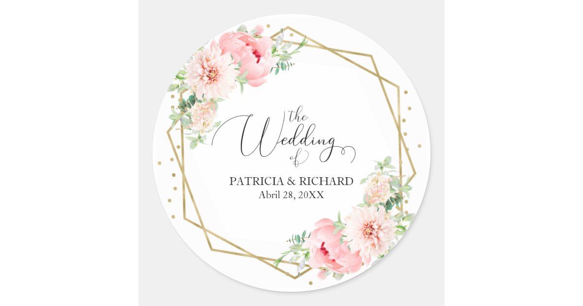 Elegant Gold Frame Geometric Blush Floral Wedding Classic Round Sticker ...