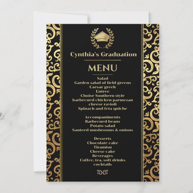 Elegant gold Frame Graduation Dinner Menu  Invitation (Front)