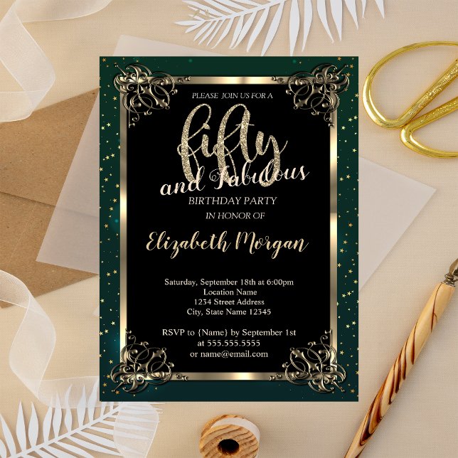 Elegant Gold Frame,Green 50th Birthday Party Invitation (Creator Uploaded)