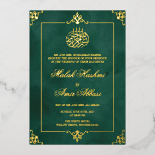 Elegant Gold Frame Green Muslim Wedding Luxury  Foil Invitation