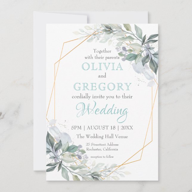 Elegant Gold Frame Greenery Dusty Blue Wedding Invitation (Front)