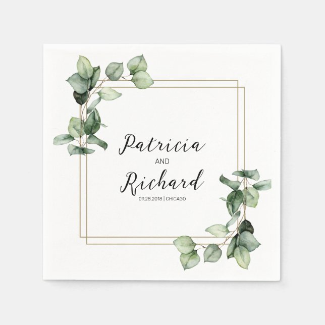 Elegant Gold Frame Greenery Elegant Wedding Napkins (Front)