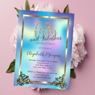 Elegant Gold Frame,Holographic 50th Birthday Party Invitation