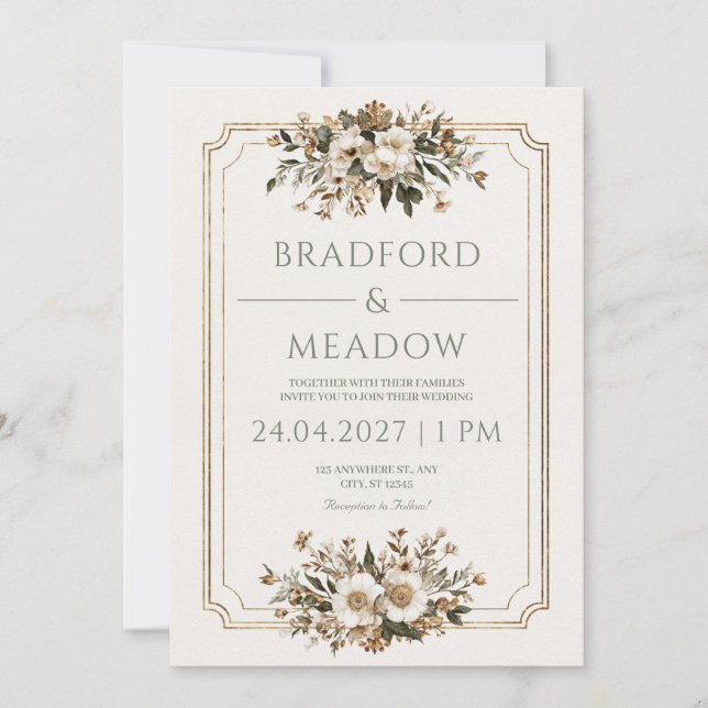 Elegant Gold Frame Ivory Floral Rustic Wedding Invitation (Front)