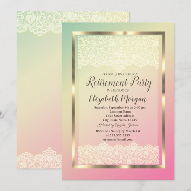 Elegant Gold Frame Lace Ombre Retirement Party Invitation (Front/Back)