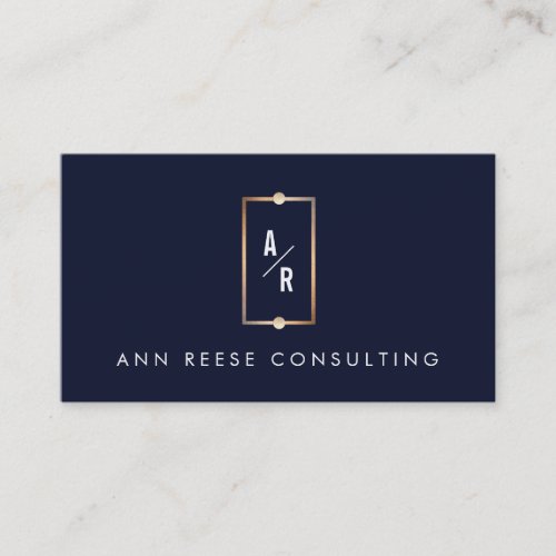 Elegant Gold Frame Monogram Modern Navy Blue Business Card