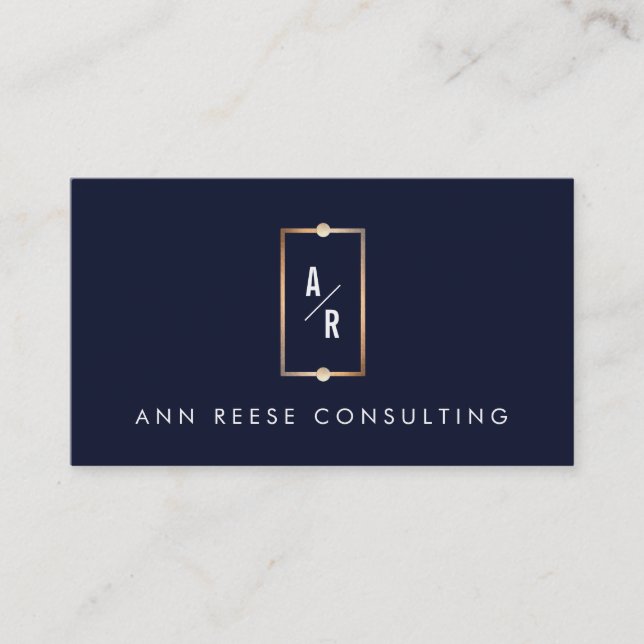 Elegant Gold Frame Monogram Modern Navy Blue Business Card (Front)