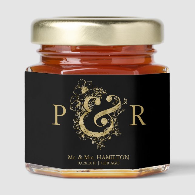 Elegant Gold Frame Monogram Wedding  Honey Jar Favors (Front)