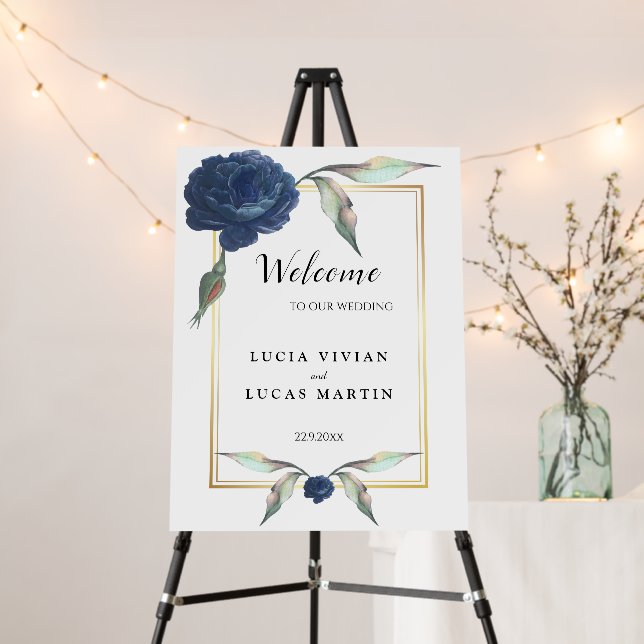 Elegant Gold Frame Navy Blue Rose Floral Wedding Foam Board (In Situ (Stand))