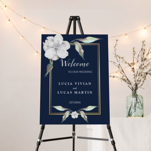 Elegant Gold Frame Navy Blue Rose Floral Wedding Foam Board