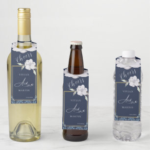 Elegant Gold Frame Navy Blue Rose Wedding Bottle Hanger Tag