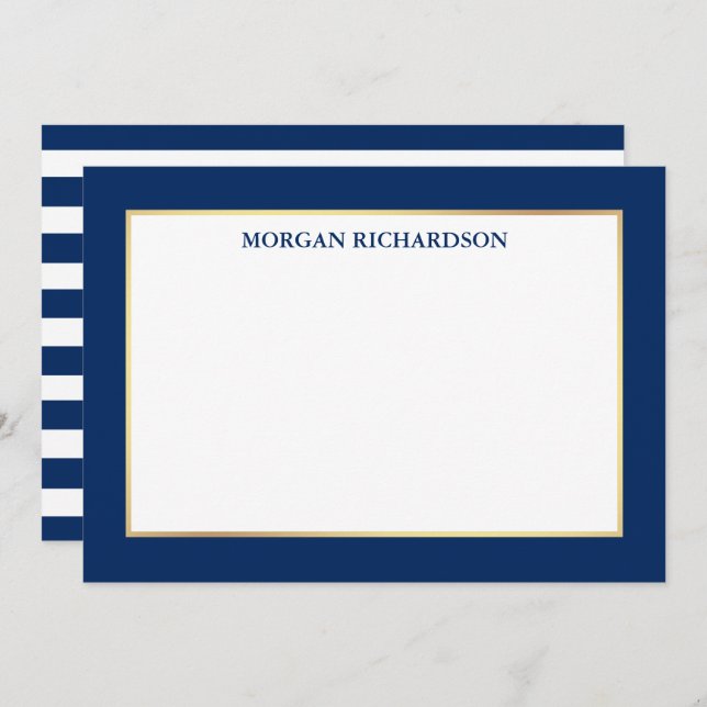 Elegant Gold Frame Navy Blue Striped Note Card (Front/Back)