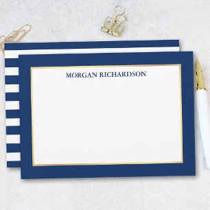 Elegant Gold Frame Navy Blue Striped Note Card