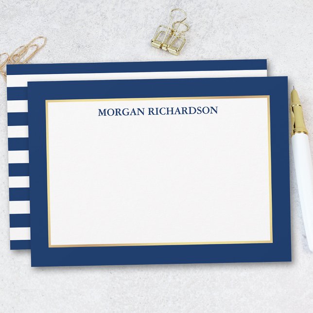 Elegant Gold Frame Navy Blue Striped Note Card (Customize to change text color,  size or to add more text.)