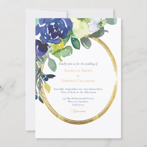 Elegant Gold Frame Navy Watercolor Floral White Invitation