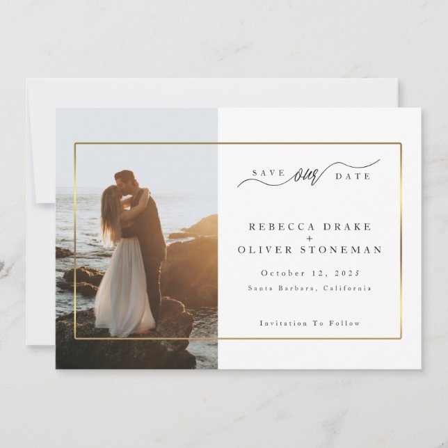 Elegant Gold Frame Photo Wedding Save The Date (Front)