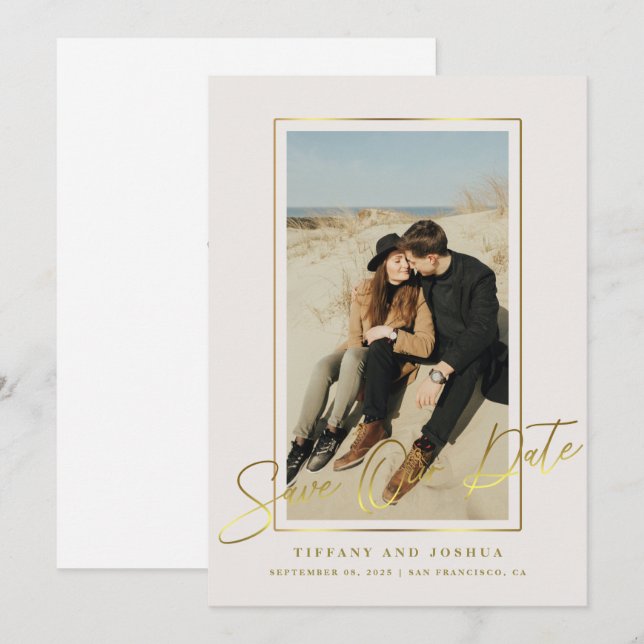Elegant Gold Frame Photo Wedding  Save The Date (Front/Back)