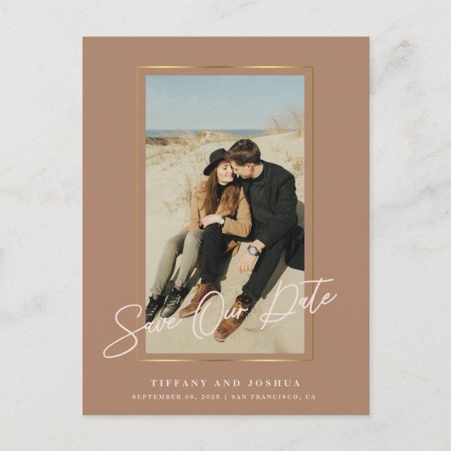Elegant Gold Frame Photo Wedding Save The Date Announcement Postcard (Front)