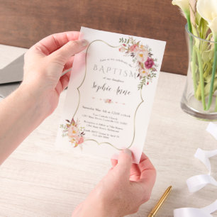 Elegant Gold Frame Pink Blush Flowers Girl Baptism Vellum Invitations