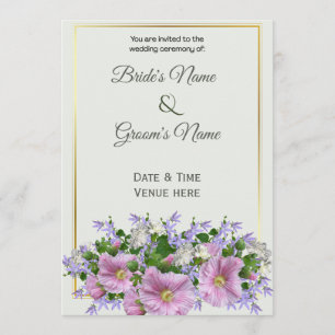 Elegant Gold Frame & Pink Floral Wedding Invitation