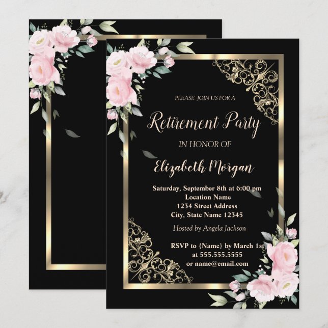 Elegant Gold Frame Pink Flowers Retirement  Invitation (Front/Back)