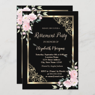 Elegant Gold Frame Pink Flowers Retirement Invitation