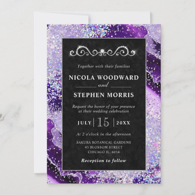 Elegant Gold Frame Purple and Silver Agate Wedding Invitation (Front)