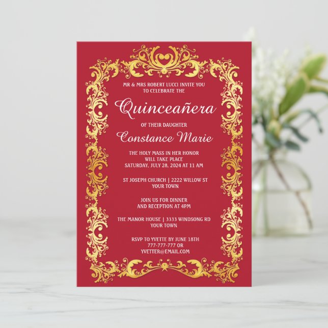 Elegant Gold Frame Quinceanera Invitation (Standing Front)