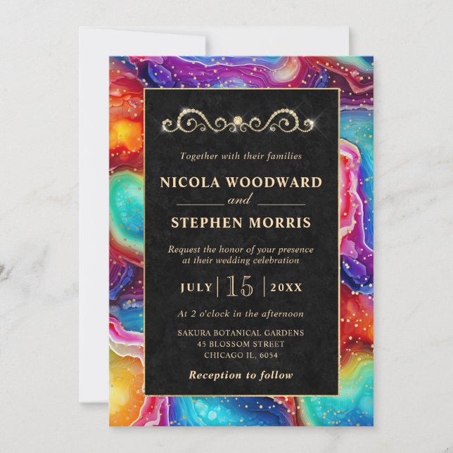 Elegant Gold Frame Rainbow Agate Wedding Invitation (Front)