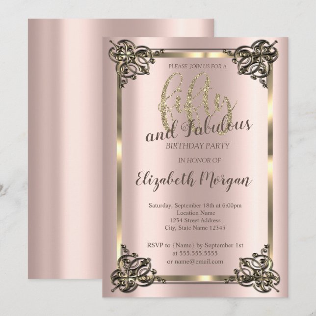 Elegant Gold Frame, Rose Gold 50th Birthday Party  Invitation (Front/Back)