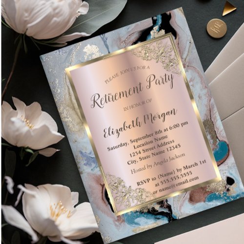 Elegant Gold FrameRose GoldMarble Retirement Invitation