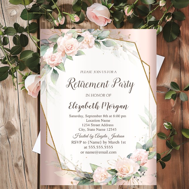 Elegant  Gold Frame,Roses,Rose Gold Retirement  Invitation (Creator Uploaded)