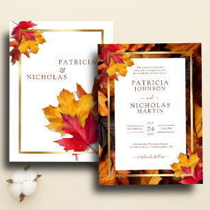 Elegant Gold Frame & Rustic Autumn Charm Wedding Invitation