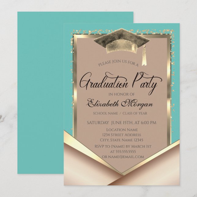 Elegant Gold Frame Sequins Mint Green Graduation Invitation (Front/Back)