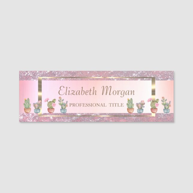 Elegant Gold Frame,Stripe,Glitter Succulents Name Tag (Front)