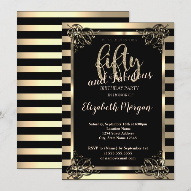 Elegant Gold Frame,Stripes 50th Birthday Party Invitation (Front/Back)
