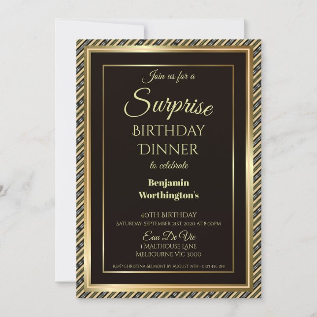 Elegant Gold Frame Surprise 40th Birthday Dinner Invitation (Front)