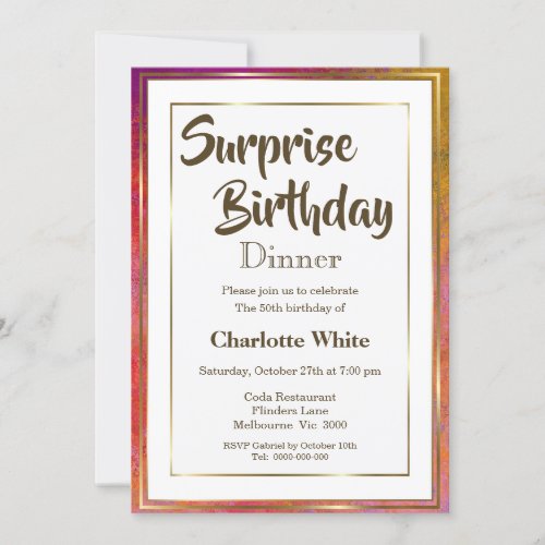 Elegant Gold Frame Surprise 50th Birthday Dinner Invitation