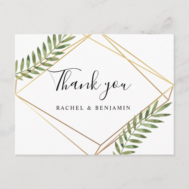 Elegant Gold Frame Terrarium Green Leaf Thank you Postcard (Front)