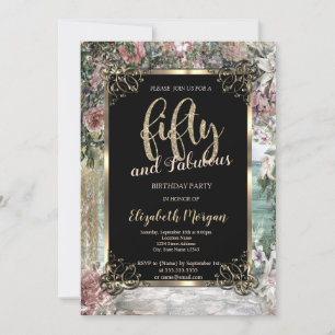 Elegant Gold Frame,Tropical Flowers 50th Birthday Invitation