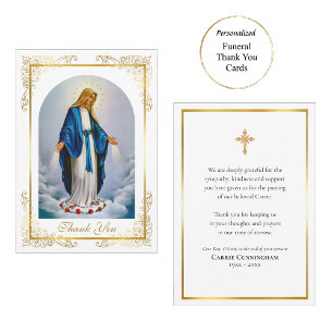 Elegant Gold Frame Virgin Mary Roses Funeral Thank You Card