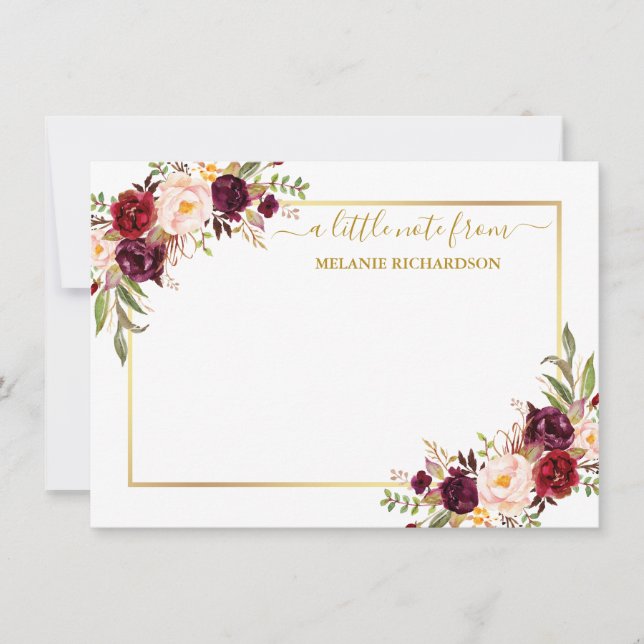 Elegant Gold Frame Watercolor Burgundy Floral Note Card (Front)
